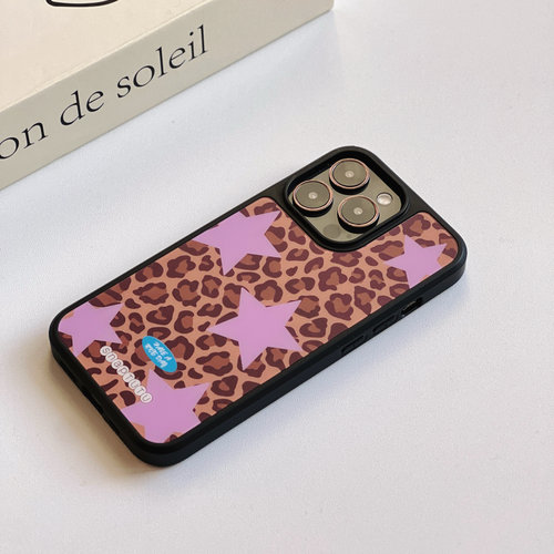 小众星星豹纹黑框磨砂磁吸手机壳适用苹果iPhone16promax手机壳17pro玻璃手机壳14pro全包13ins
