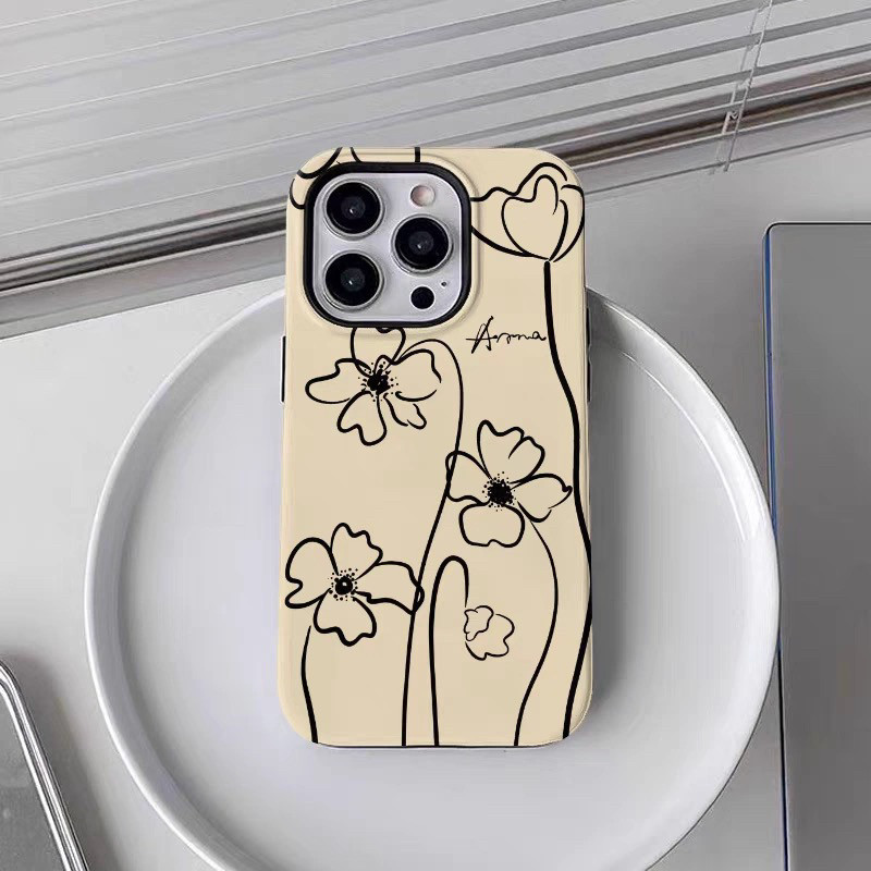 黑色花朵适用iPhone17pro菲林壳硬壳苹果15简约16promax小众法式全包手机壳15pro艺术文艺12新款