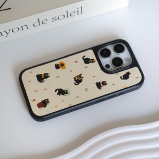 小众ins小黑猫插画黑框小羊皮磁吸手机壳适用苹果iPhone17promax手机壳16pro黑边手机壳15pro全包甜美14