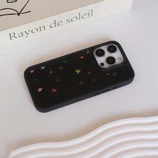 小众黑底彩色星星黑框磨砂玻璃磁吸手机壳适用苹果iPhone17promax手机壳16pro玻璃手机壳14pro全包15ins