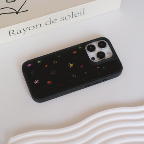 小众黑底彩色星星黑框磨砂玻璃磁吸手机壳适用苹果iPhone17promax手机壳16pro玻璃手机壳14pro全包15ins