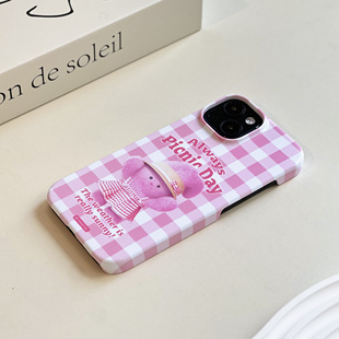 韩国小众粉色格纹兔兔手机壳硬壳全包按键适用苹果iPhone16promax菲林手机壳14pro磨砂12亮面全包13软壳16