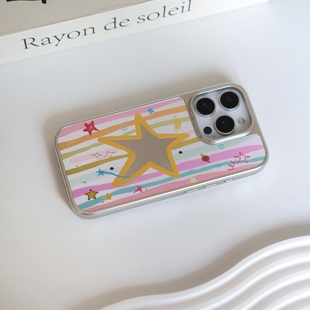 小众ins彩色条纹星星电镀镜面银框磁吸手机壳iPhone17promax镜面手机壳16pro手机壳14pro全包13少女心甜美