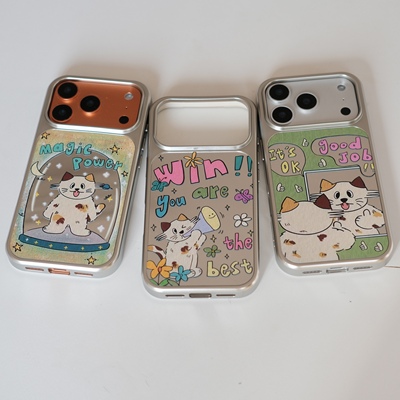 小众ins可爱迪迪猫咪电镀镜面银框磁吸手机壳iPhone17promax镜面手机壳16pro手机壳14pro全包13少女心甜美