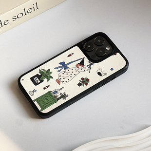 小众插画魔法女孩黑框磨砂手机壳适用苹果iPhone16promax手机壳15pro艺术手机壳14pro全包13ins