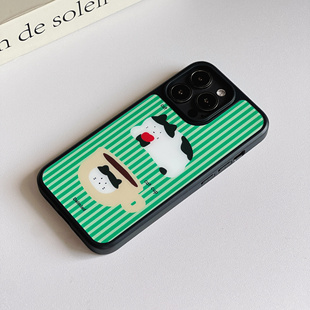 小众条纹咖啡杯猫咪黑框磨砂玻璃磁吸手机壳适用苹果17promax手机壳iPhone15pro艺术14不撞壳12全包ins17