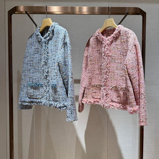 气质名媛格子粗花呢上衣XRJ5W05D 2025年粉色小香风外套女秋冬新款