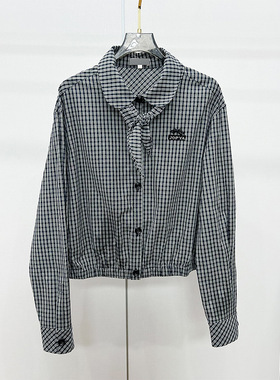 2026年春装简约风娃娃领系带蝴蝶结格纹单排扣长袖衬衫女XSJ1C02C