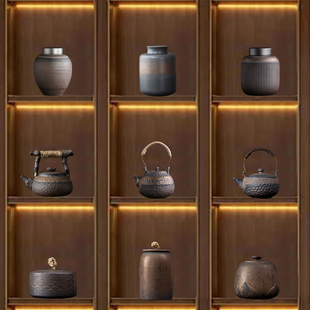 中式博古架茶室样板房茶柜摆件茶叶罐陶瓷密封罐粗陶复古茶壶茶具
