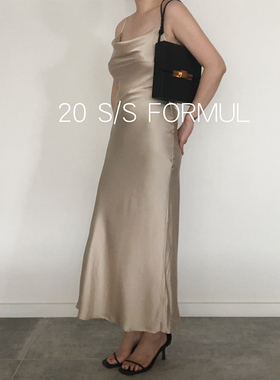 FL/新缎面真丝 桑蚕丝香槟米荡领无袖高腰斜裁鱼尾吊带连衣长裙女