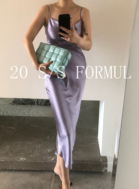 FL/新缎面真丝 桑蚕丝荡领弧形摆无袖斜裁吊带连衣长裙 slipdress
