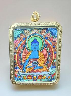药师佛纯手绘热贡随身小唐卡嘎乌盒佛像画吊坠项链佛牌挂件护身符