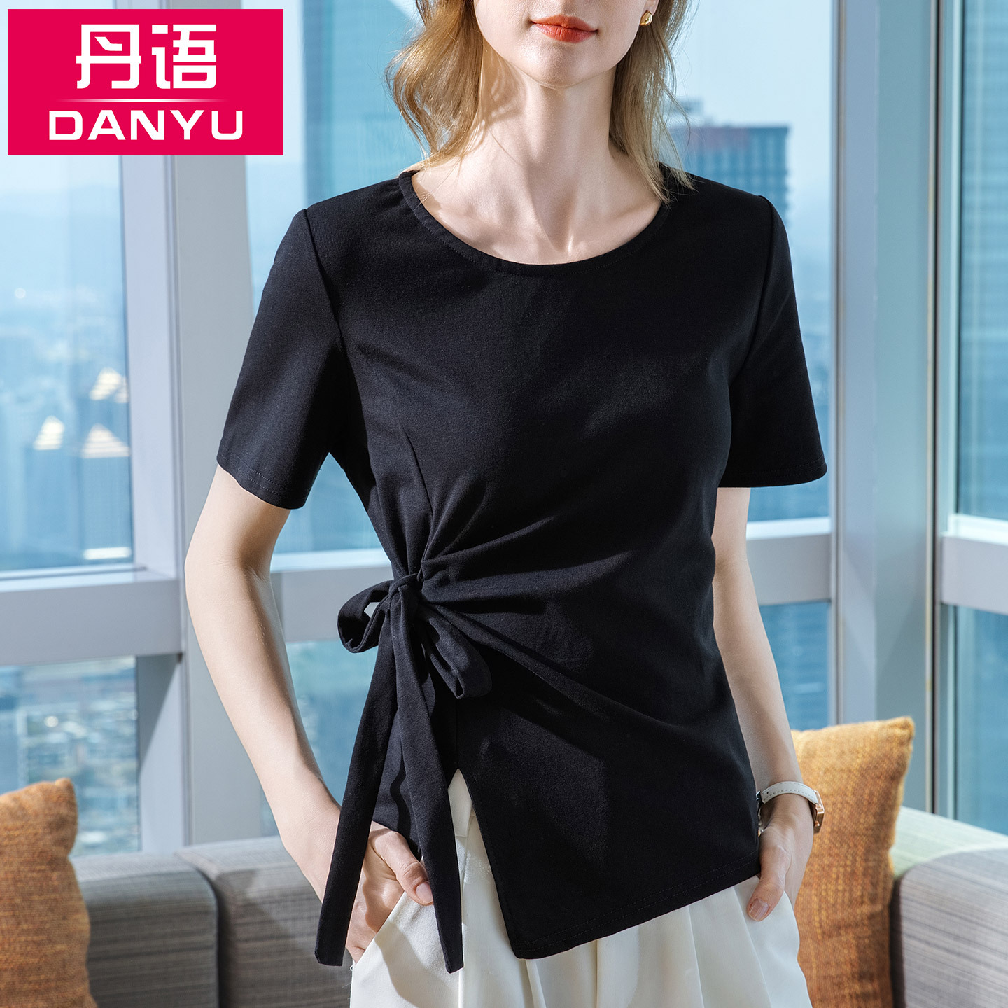 黑色短袖t恤女士2025新款夏季正肩圆领修身显瘦高级感蝴蝶结上衣
