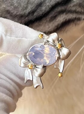 【7柒seven】指尖浪漫心精致仿蓝宝石蛋面蝴蝶结戒指女小众感指环