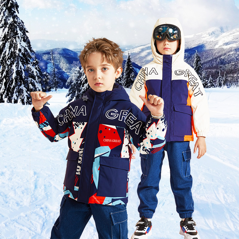 2022新款男童羽绒服儿童眼镜冬装中大童户外滑雪短款加厚防水洋气