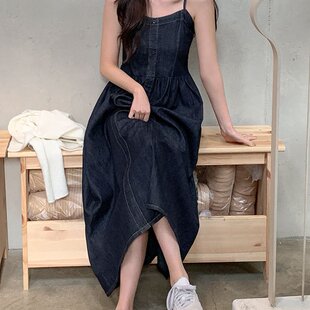 小清新吊带牛仔连衣裙长裙女 韩版chic 轻熟时尚 百搭 外贸休闲