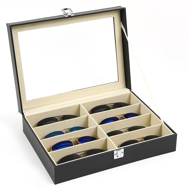 现货翻盖皮8格眼镜盒太阳镜墨镜盒墨镜收拾收纳绒布盘