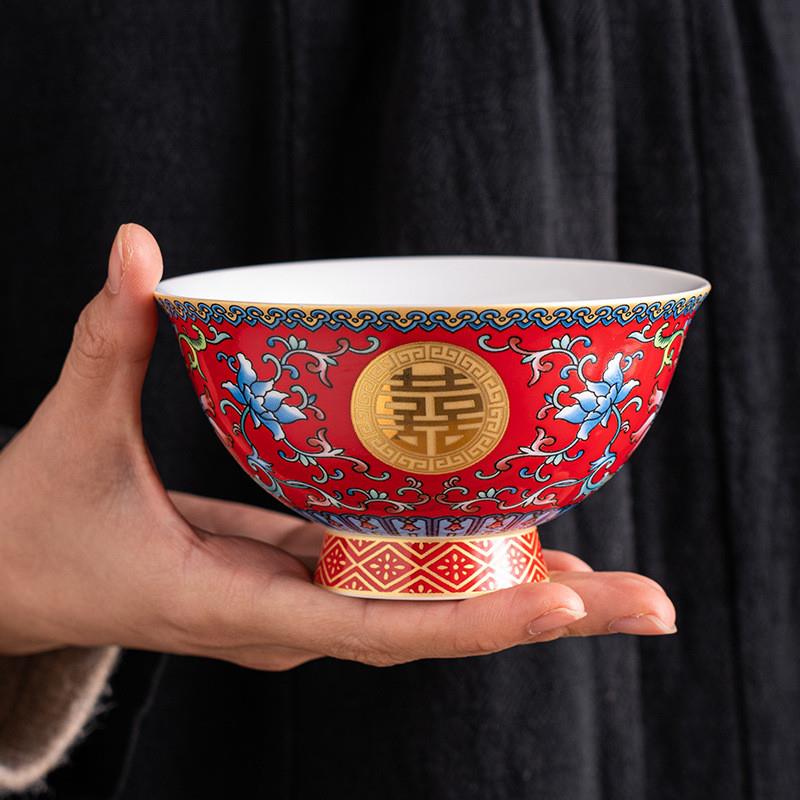 珐琅彩结婚陶瓷碗单碗饭碗汤碗家用婚礼改口敬茶碗喜碗高档新婚礼