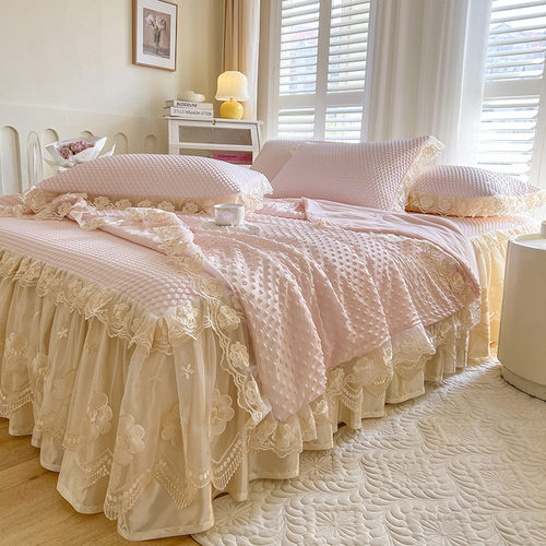 高端公主风床裙款豆豆凉席四件套可机洗夏天冰丝席三件空调夏被紫