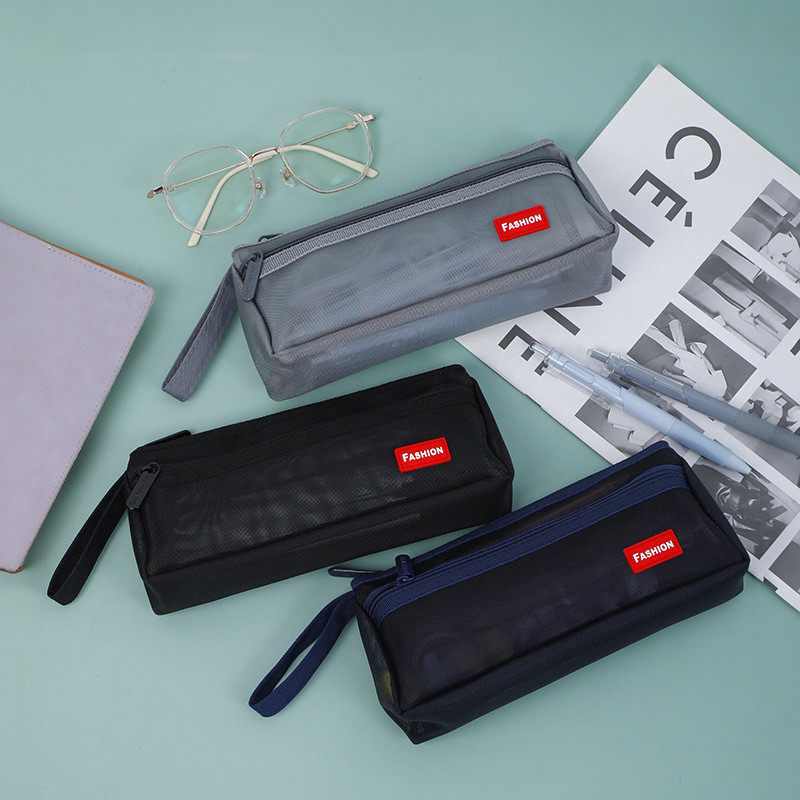 纯色网纱笔袋透明文具包铅笔袋初中简约学生文具袋大容量双层笔袋