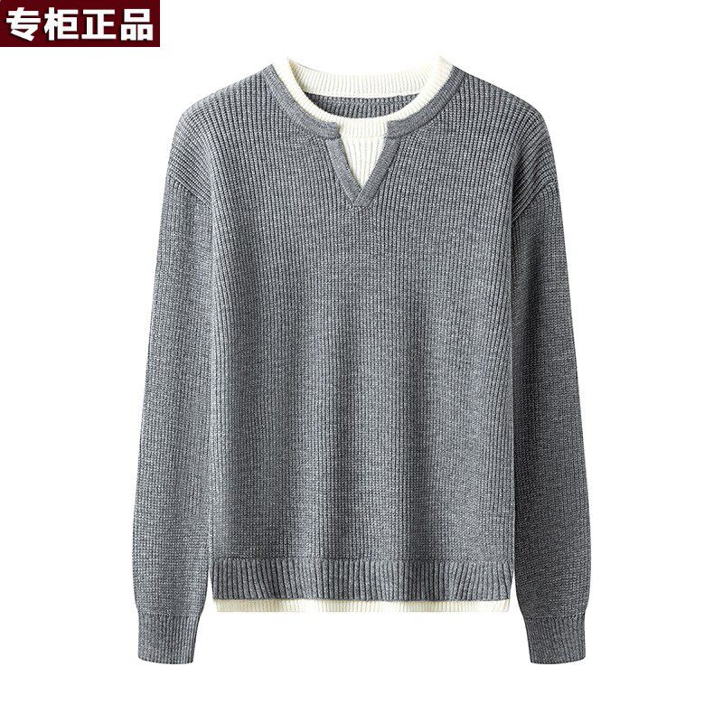 意大利高端品牌男士秋冬季假两件纯色针织打底衫休闲简约韩版慵懒