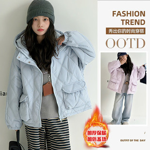 女童2025冬季 洋气外套大童上衣 加厚保暖棉服连帽菱格纹多口袋时尚