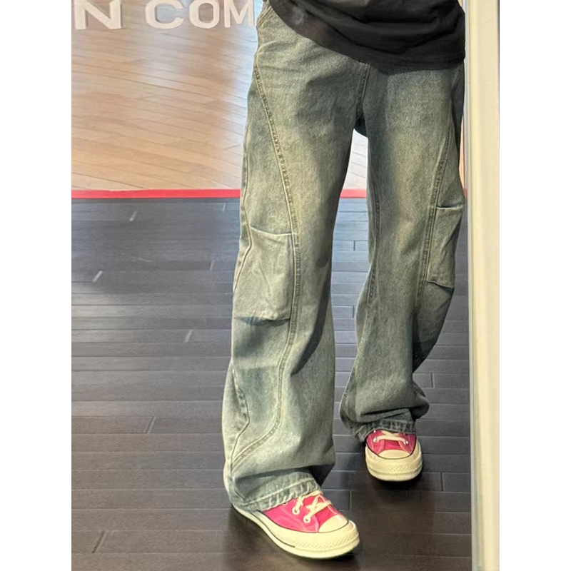 美式复古弯刀牛仔裤男款春秋季潮牌学生解构休闲宽松直筒阔腿裤子,男装,牛仔裤,淘宝优惠券,粉丝福利购,淘宝优惠卷