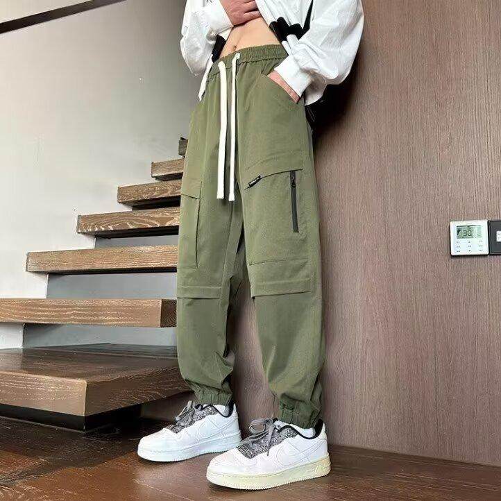 春秋季大码束脚裤子男港风ins宽松学生百搭九分冲锋裤机能工装裤
