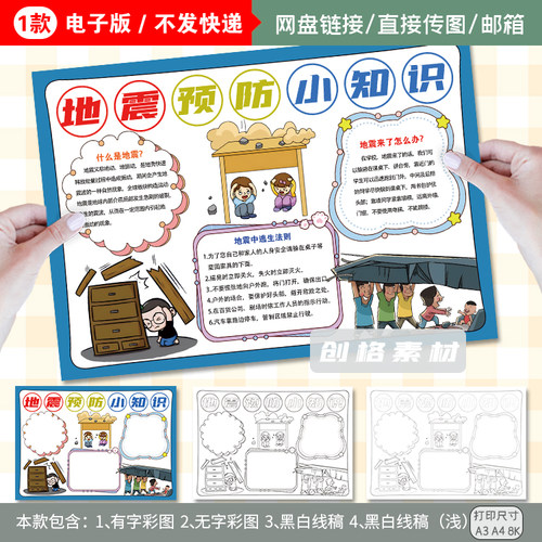 A06预防地震安全知识手抄报校园学生安全教育小报模板黑白线稿图