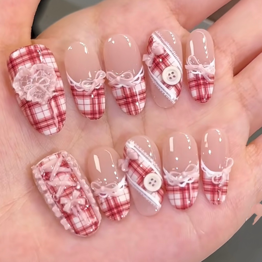 洛曼枝红色微甜气质显白格纹爱心蝴蝶结法式美甲手工定制穿戴甲