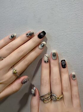 【男女同款】黑色甜酷纯手工穿戴甲美甲贴片短甲中长款高级感ins