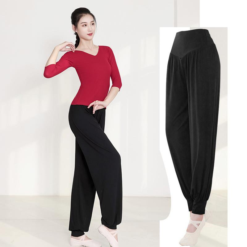 舞蹈训练服装女广场舞新款跳舞上衣黑色舞蹈裤女练功灯笼裤现代舞