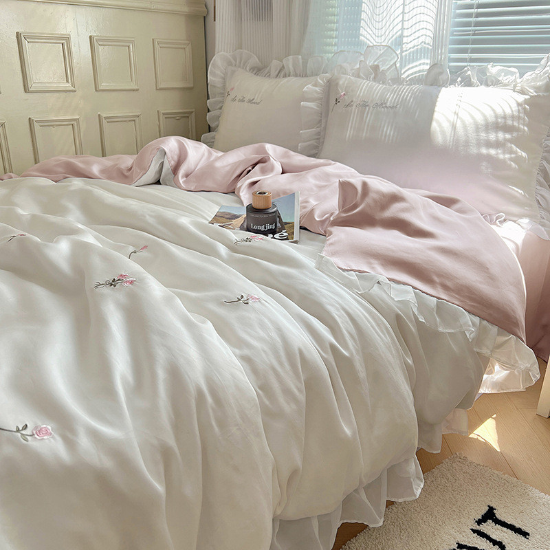 夏季水洗冰丝四件套轻奢丝滑裸睡真丝床单宿舍床被套罩床上三件套