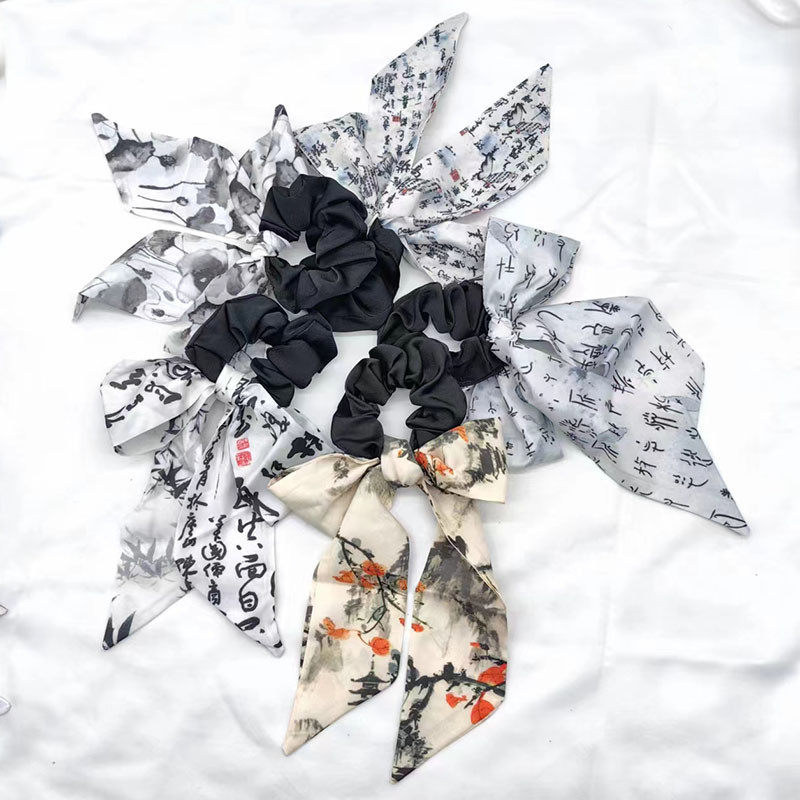 古风大肠圈水墨印花头绳飘带蝴蝶结国风书法发圈新中式女发带