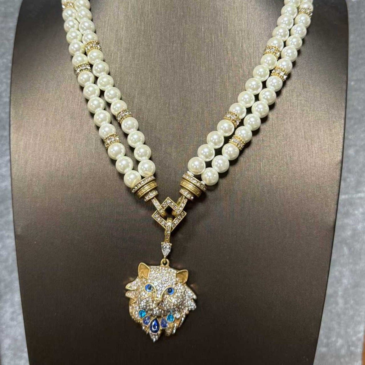 复古5A锆石满钻猫咪耳坠中古vintage饰品套装施家珍珠气质项链