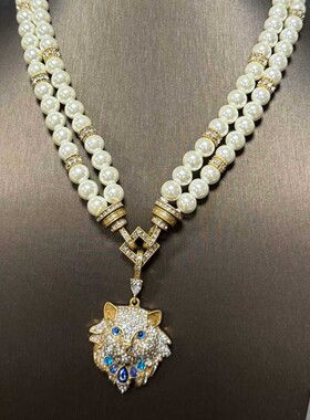 复古5A锆石满钻猫咪耳坠中古vintage饰品套装施家珍珠气质项链