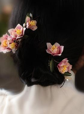 发夹女粉紫色芙蓉仿绒花森系唐明风汉服旗袍发饰气质新中式发簪子