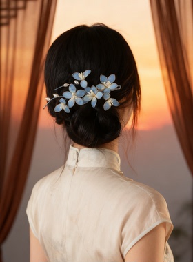 七色微光清汉女清冷蓝色花朵发夹