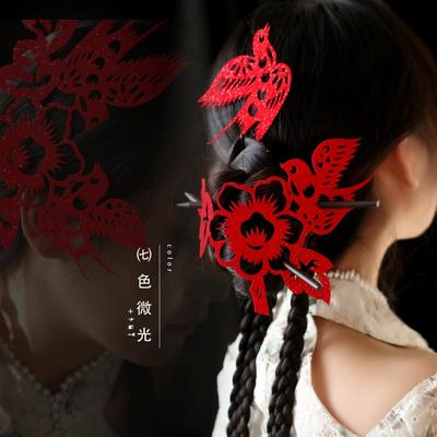 窗花剪纸头饰新中式新娘红色头饰