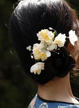 黄色古风花朵头饰国风新春夏超仙花朵蝴蝶唐风发饰后脑勺旗袍发梳