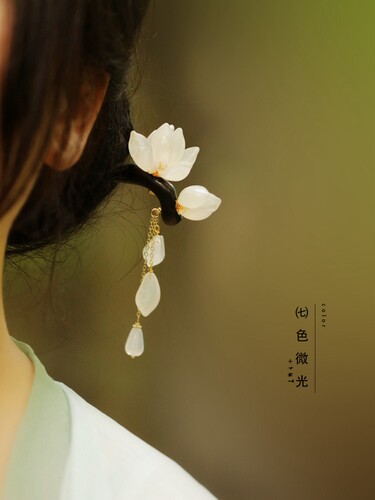 玉兰花发簪檀木簪子中式流苏步摇