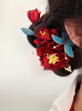 蝴蝶发夹红色山茶花旗袍古风配敬酒服中式簪子发饰新娘头饰