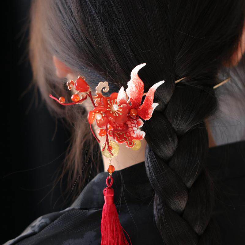 刺绣锦鲤国风流苏发簪新年唐装旗袍拜年服少女头饰品年年有鱼簪子