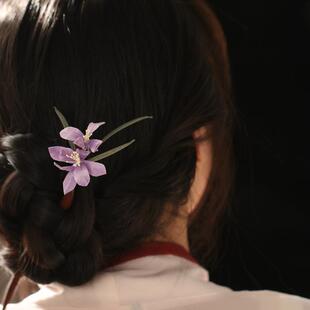 绒花鸢尾花发簪发钗檀木高级感新中式旗袍盘发簪子日常通勤马面裙
