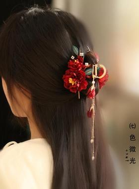 山茶花发抓红色汉服头饰清汉女马面裙盘发饰复古发夹古风花朵抓夹