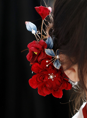 超仙红色发夹玫瑰花边夹侧边气质百搭新娘发饰蓝色蝴蝶旗袍日常款