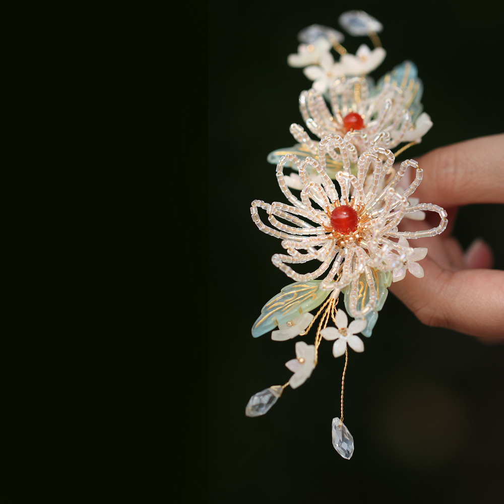 菊花辑珠发夹边夹古典旗袍配饰