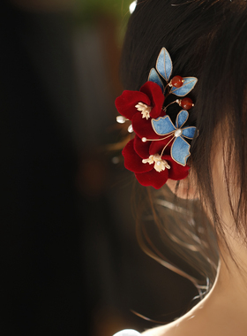 红色山茶花发夹古风新娘头饰高级感旗袍配饰氛围感女新年头饰复古