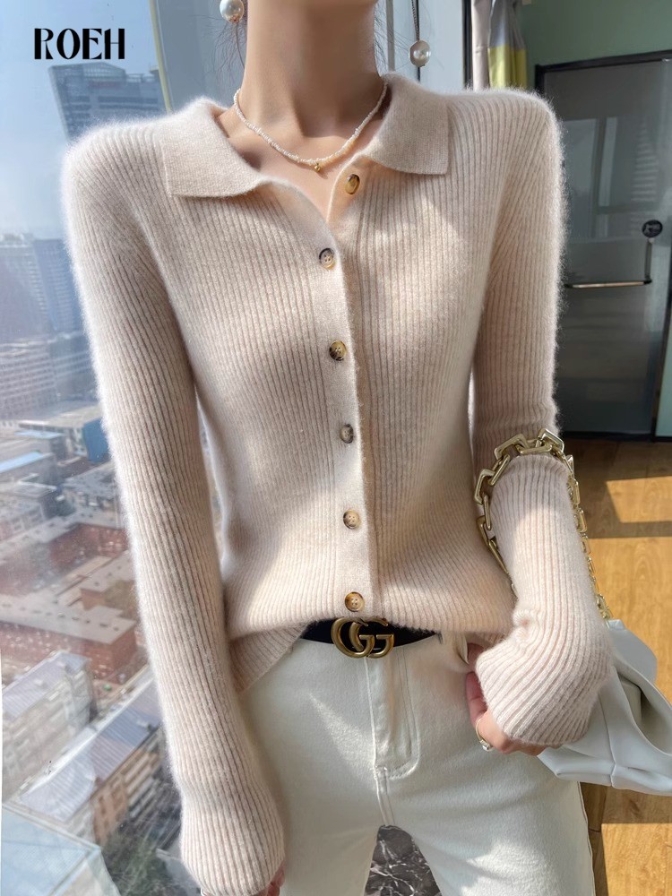 鄂尔多斯市产春秋山羊绒针织开衫女秋冬新款POLO领毛衣内搭外穿