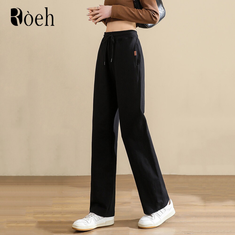 ROEH简约运动裤女春秋季2026新款纯色气质直筒遮腿显瘦居家休闲裤